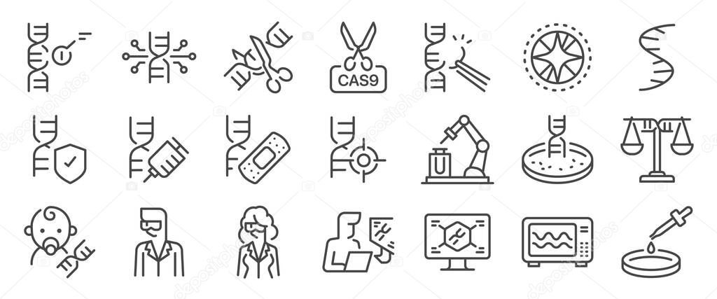 CRISPR gene editing icon set. It includes genetic, DNA, biotech, research, science, and more icons. Editable Vector Stroke.