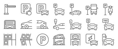 Araba park etme ikonu hazır. Elektrikli araba şarjı, motosiklet parkı, otobüs parkı ve daha fazla ikon içeriyordu. Düzenlenebilir Vektör Vuruşu.