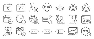 Üyelik simgesi ayarlandı. Hizmet olarak saas, abone, plan, yazılım ve daha fazla simge içeriyordu. Düzenlenebilir Vektör Vuruşu.