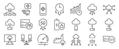 Kenar bilgisayar simgesi seti. İçinde bulut, iot, internet, aygıt, ağ ve daha fazla simge vardı. Düzenlenebilir Vektör Vuruşu.