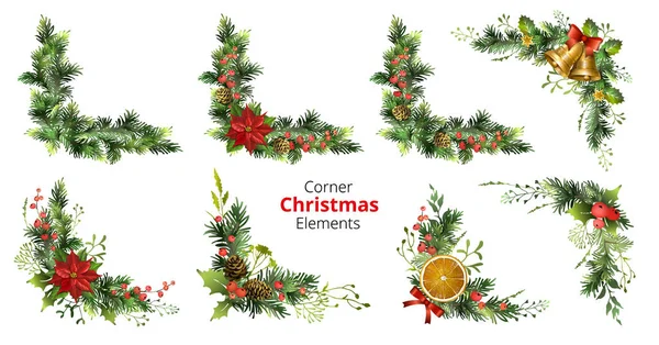 Ensemble Éléments Noël Angle Avec Poinsettia Baies Cônes Cloches Jingle — Image vectorielle