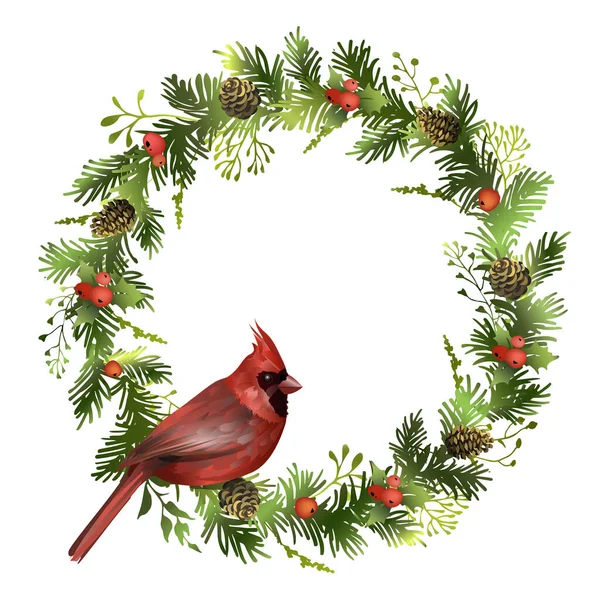 Couronne Épinette Noël Avec Oiseau Cardinal Rouge Une Couronne Pin — Image vectorielle