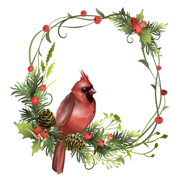 Cadre Plante Noël Avec Oiseau Cardinalice Rouge Branches Pin Cônes — Image vectorielle