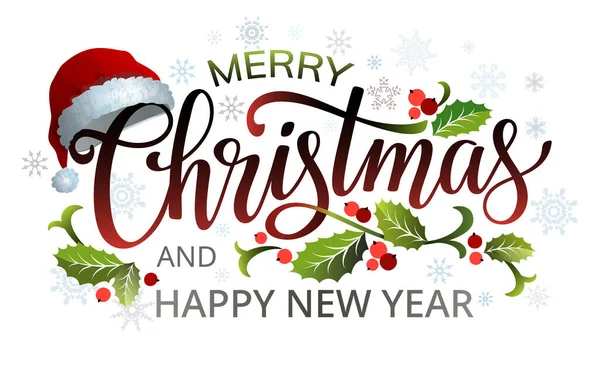 Frohe Weihnachten Handgeschriebene Schriftzüge Mit Weihnachtsmütze Mistelblättern Stechpalme Und Schneeflocken — Stockvektor