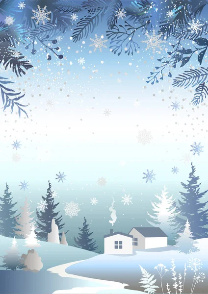 Fond Vacances Hiver Joyeux Modèle Carte Postale Noël Avec Forêt — Image vectorielle