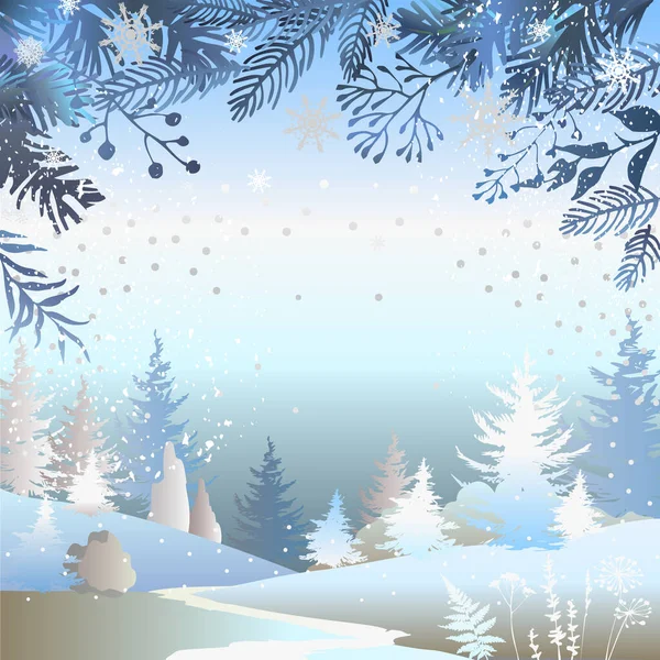 冬の休日広場青の背景 冬の森とテキストのためのスペースとメリークリスマスのポストカードテンプレート ベクターイラスト — ストックベクタ