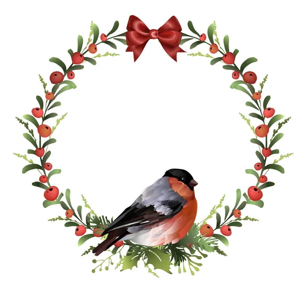 Couronne Noël Avec Oiseau Bouleau Baies Rouges Arc Illustration Vectorielle — Image vectorielle
