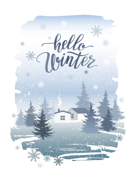 Hallo Winter Ansichtkaart Banner Ontwerp Met Wintersparren Bos Huis Feestelijke — Stockvector