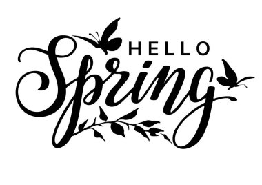 Hello spring black lettering phrase with leaves and butterflies. Vector illustration.