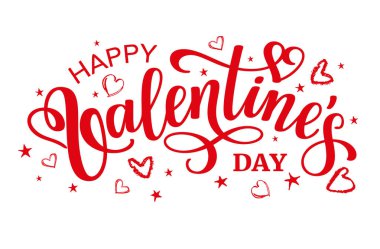 Happy Valentines Day red lettering design with hearts. Vector illustration.