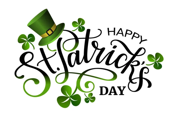 Happy Saint Patricks Dzień Literowania Wyrażenie Liści Shamrock Zielony Kapelusz — Wektor stockowy