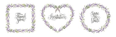 Lavanta çerçeveleri ayarlandı. Düğün davetiyesi için lavanta koleksiyonu, posterler, tarih ve tebrik kartı. Vektör illüstrasyonu.