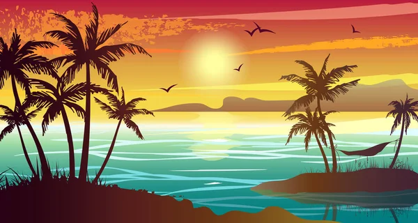 Tropical landscape with sea, sunset and palm trees. Abstract landscape. Tropical paradise island. Vector illustration.