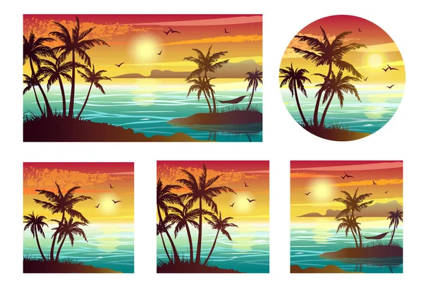 夕日とヤシの木と熱帯の風景のセット 抽象的な風景 熱帯の楽園の島 ベクターイラスト ロイヤリティフリーのストックイラスト