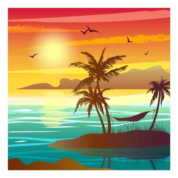 Square tropical landscape with sea, sunset and palm trees. Abstract landscape. Tropical paradise island. Vector colorful illustration.