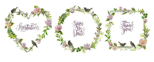 ハーブ 鳥をセットした花のフレーム 結婚式の招待状 ポスター 日付を保存するための花のフレームコレクション グリーティングカード ベクターイラスト ロイヤリティフリーストックベクター