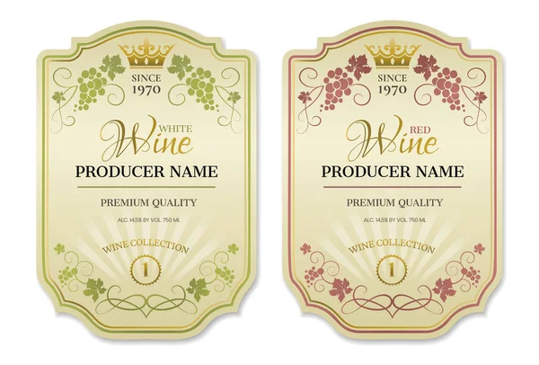 Винні Етикетки Векторний Набір Двох Етикеток Вина Гронами Винограду Короною — стоковий вектор