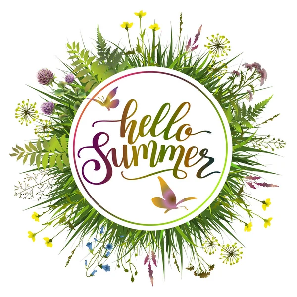 Bonjour Summer Affiche Florale Avec Des Fleurs Des Herbes Des — Image vectorielle