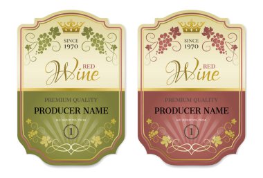 Yeşil ve kırmızı şarap etiketleri. Şarap, üzüm ve taç demetleri için iki etiket seti. Şarap logosunun tasarımı. Vektör illüstrasyonu.
