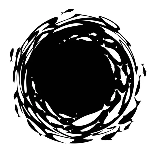 Diseño Espiral Banner Pescado Blanco Negro Círculo Escuela Peces Plantilla — Archivo Imágenes Vectoriales