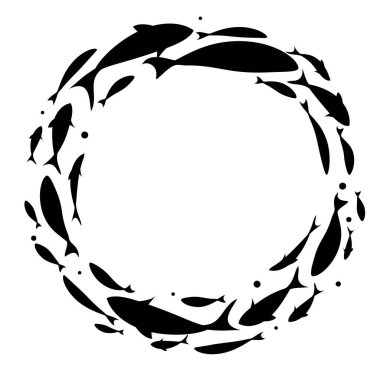 Dinamik dekoratif balık okulu. Balık çelengi. Çemberde yüzen siyah balık siluetleri. Balıklı pankart. Vektör illüstrasyonu.