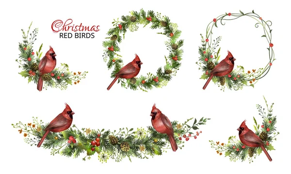Ensemble Noël Avec Guirlandes Couronnes Pin Oiseaux Cardinaux Rouges Illustration Vecteur En Vente