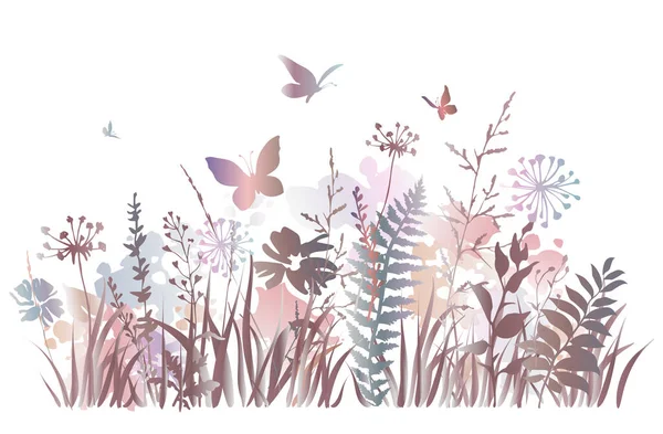 Herbes Prairie Papillons Volants Floraison Été Printemps Champ Dans Style Graphismes Vectoriels