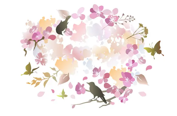 Voorjaarscompositie Met Sakura Bloemen Vogels Vlinders Voorjaarsbanner Met Ruimte Voor — Stockvector