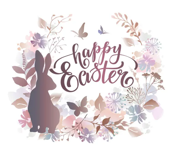 Feliz Composición Pascua Con Conejo Flores Mariposas Estilo Acuarela Diseño Vector De Stock