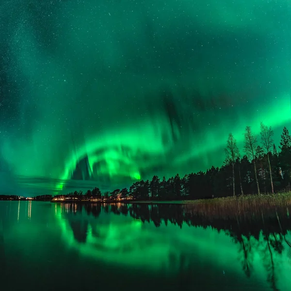 Espectacular Foto Nocturna Fuertes Luces Verdes Aurora Bailando Sobre Bosque — Foto de Stock