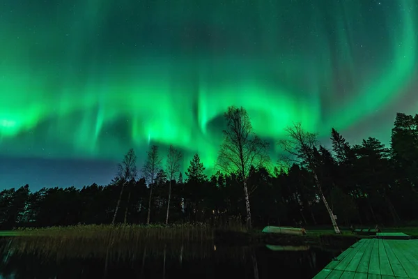 Breathtaking Strong Green Lights Dancing Aurora Northern Forest Lake Small — Stock Photo, Image