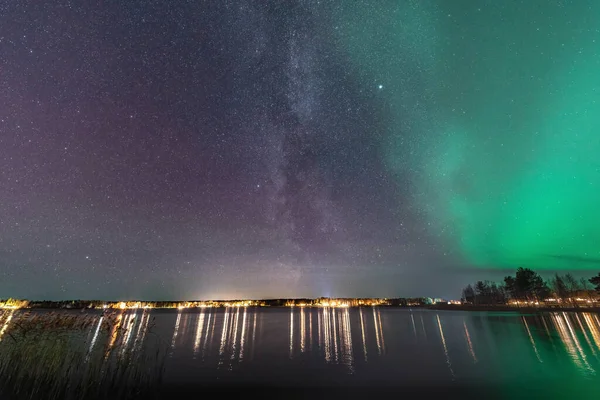 Schöne Milchstraße Der Nähe Von Aurora Malerisches Nordlichtpanorama Über Dem — Stockfoto