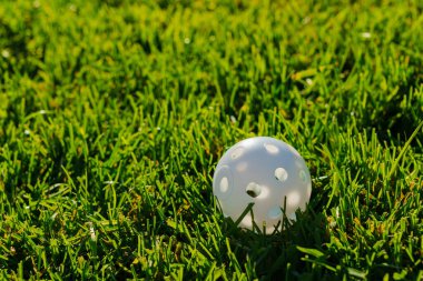 Yeşil çimlerin üzerinde delikli plastik golf topu uygulayan bir beyaz var. Evde golf antrenmanı yapıyorum. Fotoğrafı kapat.