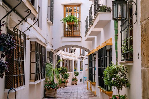 Typical narrow street with white houses, plants and flowers in the old town of Marbella, a popular tourist destination on the costa del sol in southern Spain, MARBELLA, SPAIN - JULY 17, 2022