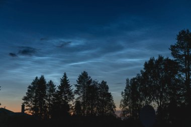 Güzel gece bulutları gece gökyüzünü ruhani bir ışıltıyla aydınlatıyor, alacakaranlıkta ağaçların ve evlerin karanlık siluetlerinin üzerinde büyüleyici bir manzara yaratıyor.