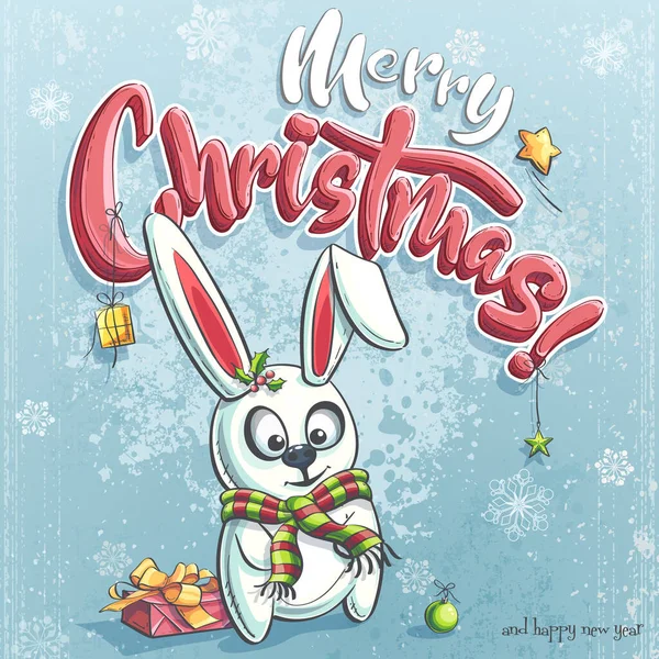 メリークリスマス面白い漫画のウサギ オンデマンド印刷 パワーポイントと基調講演 広告とコマーシャル 雑誌や新聞 本のカバーのために — ストックベクタ
