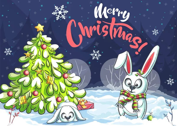 2つの面白い漫画のウサギとメリークリスマス オンデマンド印刷 パワーポイントと基調講演 広告とコマーシャル 雑誌や新聞 本のカバーのために — ストックベクタ