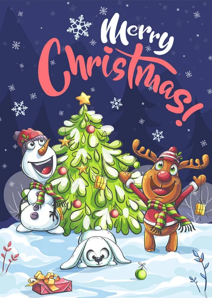メリークリスマス面白い漫画の鹿 夜に雪だるまのウサギ オンデマンド印刷 パワーポイントと基調講演 広告とコマーシャル 雑誌や新聞 本のカバーのために — ストックベクタ
