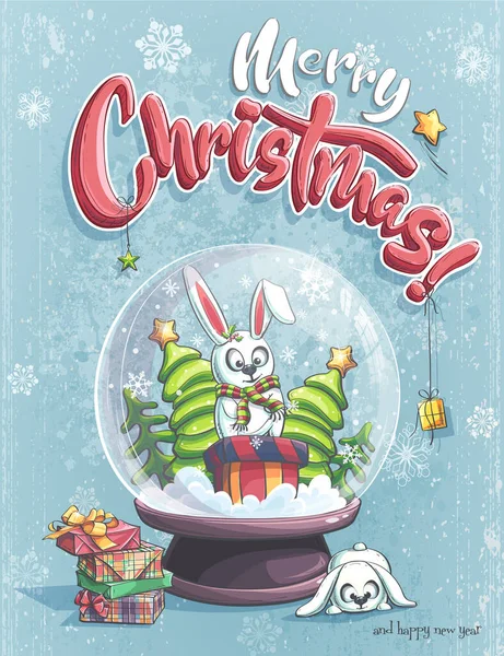 Merry Christmas Illustration Two Funny Cartoon Rabbits Print Demand Powerpoint — Stock Vector