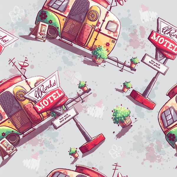 多色彩的拖车 汽车旅馆纹理 花卉花盆的矢量卡通画 — 图库矢量图片