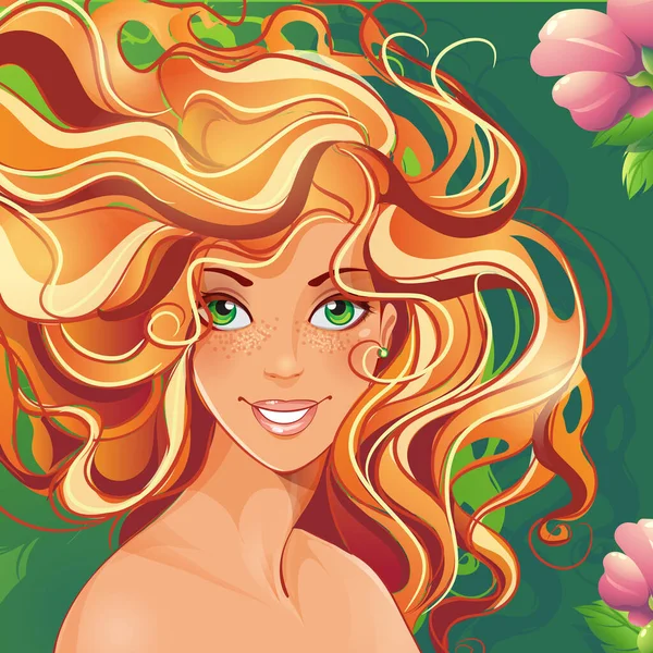 Red Haired Girl Smile Green Eyes Her Hair Developing Green — Stock Vector