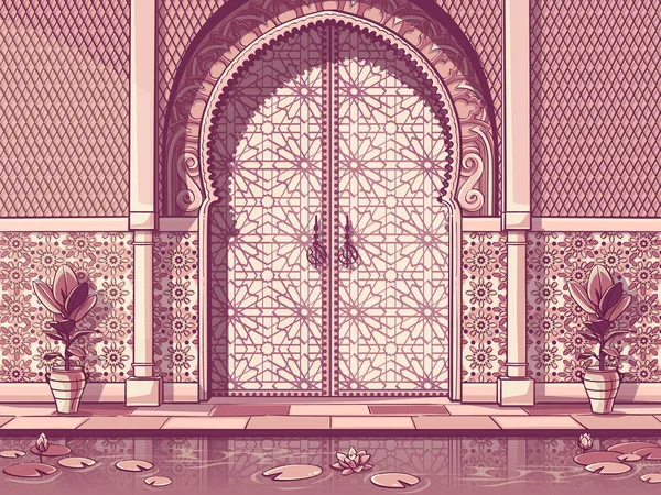 Drzwi Marokańskiego Budynku Patio Stawem Tradycyjny Kolorowy Ornament — Wektor stockowy
