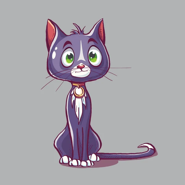 Cute Purple Cat Green Eyes Medallion Sits Alone Cartoon Character — Stock Vector