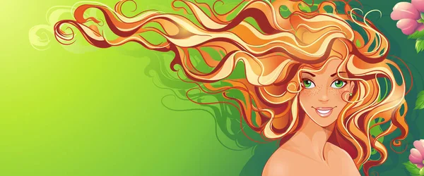 Яркий Векторный Иллюстрационный Баннер Рыжеволосой Девушкой Цветами Зеленом Фоне Лицензионные Стоковые Иллюстрации