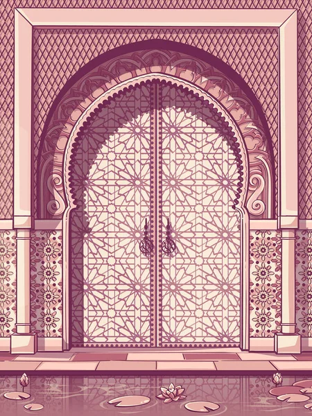 Alcôve Bâtiment Dans Style Marocain Dans Cour Avec Une Fontaine — Image vectorielle