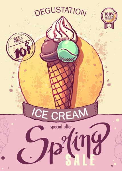 アイスクリーム春の販売の低迷 特別オファーだ ベクターイラスト セールバナー チラシテンプレート — ストックベクタ