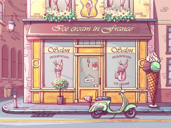 Красочный Вектор Припаркованный Мопеде Перед Магазином Мороженого Изображение Кафе Frozen — стоковый вектор