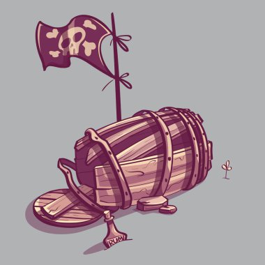 Bir korsan bayrağı üzerinde kafatası ve çapraz kemikleri olan kırık bir fıçının vektör çizimi ve bir şişe rom