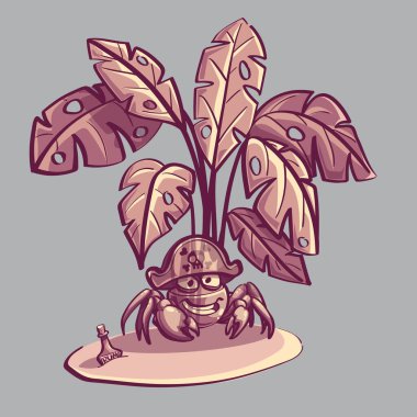 Vektör illüstrasyonu bir şişe rom arasında eğrelti otu ve korsan şapkalı bir el çizimi içinde gülümseyen bir yengeç.