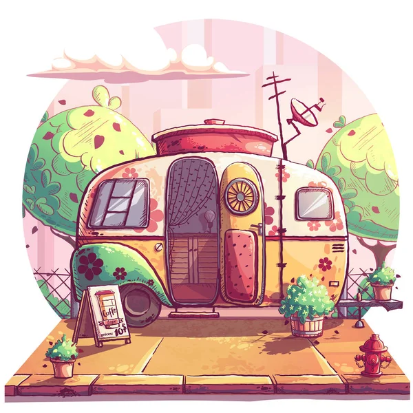 Многоцветный Трейлер Тропинке Рядом Парком Векторная Карикатура Городской Пейзаж Автомобилем Стоковый вектор